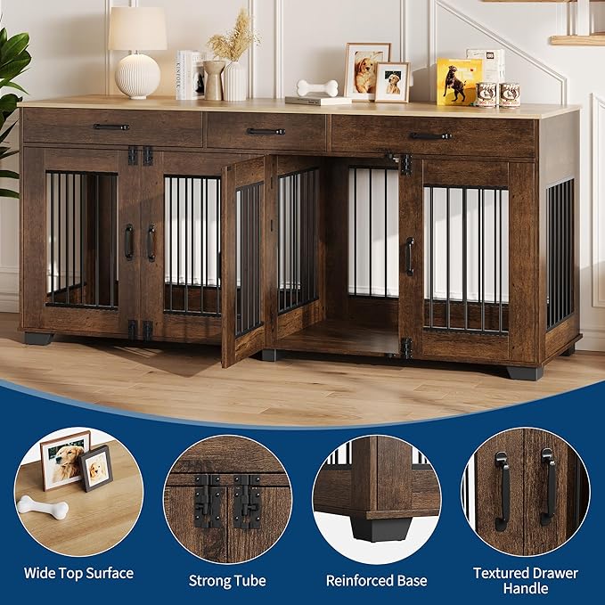71 Inch Dog Crate Furniture for 2 Rooms, Wooden Double Crate Large Breed with Door, Dog Kennel Indoor, TV Stand End Table with Divider for Large Medium Dogs,Brown-PurrikoPets