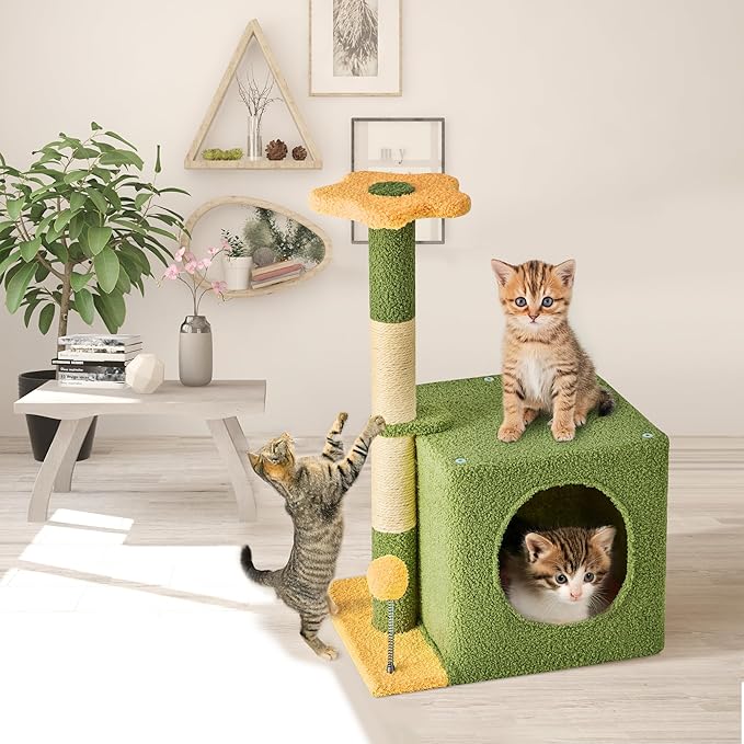 24 Inch Cat Tree Condo for Indoor Cats with Floral Sisal Scratching Post, Plush Hang Ball Play Furniture for Kittens Cats, Yellow-PurrikoPets