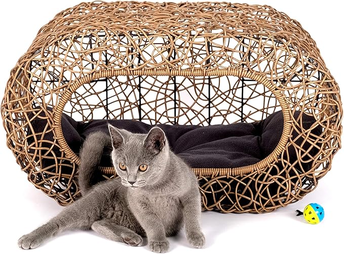 Fun Stackable Cat Condo for Indoor Cats - Interactive Play Faux Rattan Cat House for Indoor Cats Kitty, Pet Friendly Top/Side House Entry, Cat Bed Enclosed-PurrikoPets