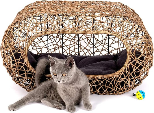 Fun Stackable Cat Condo for Indoor Cats - Interactive Play Faux Rattan Cat House for Indoor Cats Kitty, Pet Friendly Top/Side House Entry, Cat Bed Enclosed-PurrikoPets