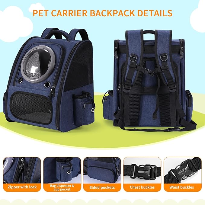 Extension Cat Carrier Backpack with Transparent Bubble Window,Dogs Backpack Carrier with Breathable Mesh Travel Bag, Portable Space Capsule Design with Foldable for Pets (Blue)-PurrikoPets