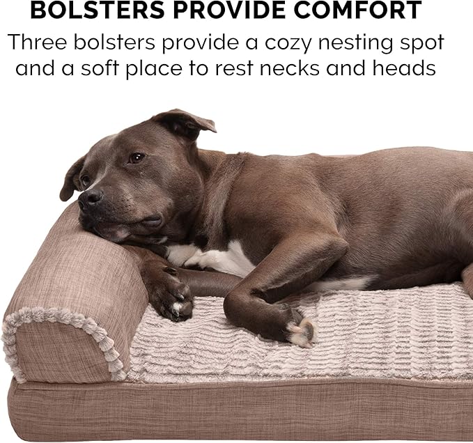 Furhaven Cooling Gel Dog Bed for Large Dogs w/ Removable Bolsters & Washable Cover, For Dogs Up to 95 lbs - Luxe Faux Fur & Performance Linen Sofa - Woodsmoke, Jumbo/XL-PurrikoPets