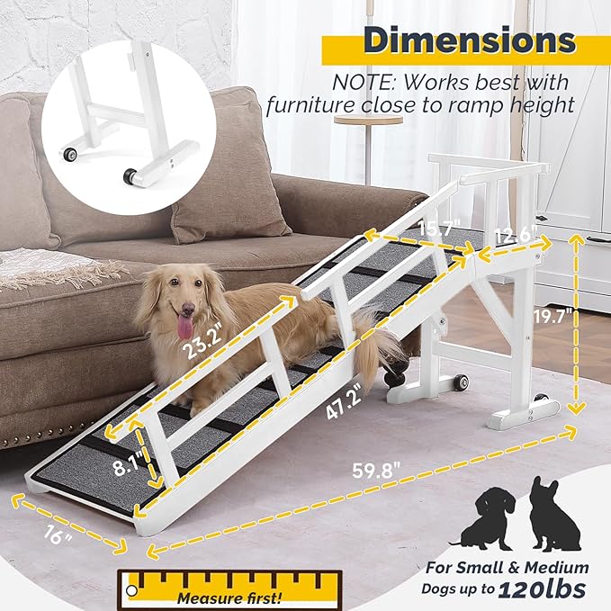 Dog Ramp for Bed or Couch, Wooden Pet Ramp with 20° Gentle Slope, Removable Side Rails, Non-Slip Surface, Top Platform & Wheels, Safe Bed Ramp for Small, Medium & Senior Dogs, 60" Long, White-PurrikoPets