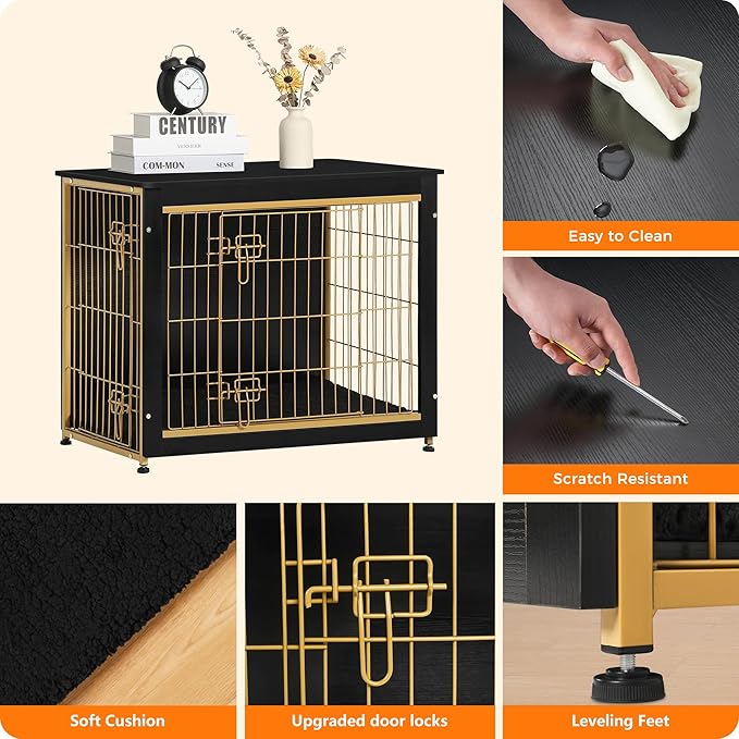 DWANTON Dog Crate Furniture with Cushion, Wooden Kennel Table with Double Doors, Indoor Dog House, Medium Size, 32.5" L, Black+Gold-PurrikoPets