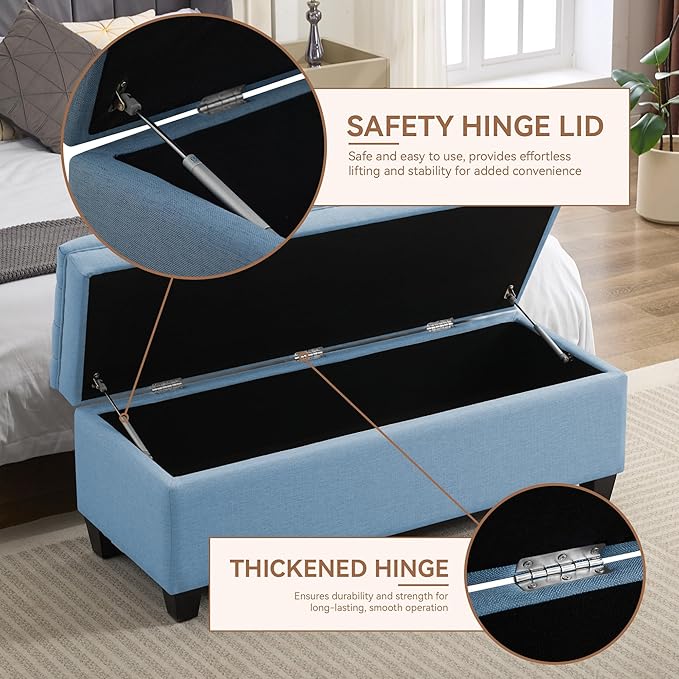51" Fabric Storage Ottoman Bench, Upholstered Rectangle End of Bed Storage Ottoman Tufted Living Room Bedroom Bench with Safety Hinge, Solid Wood Legs, Loads 500 lb(Light Blue)-PurrikoPets