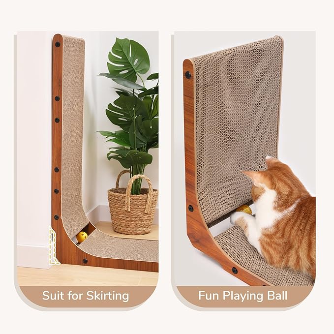 FUKUMARU Cat Scratcher, 26.8 Inch Cat Scratch Pad for Indoor Cats, L Shaped Cardboard Vertical Cats Scratching Board with Ball Toy, Walnut Color, 1 Pack-PurrikoPets