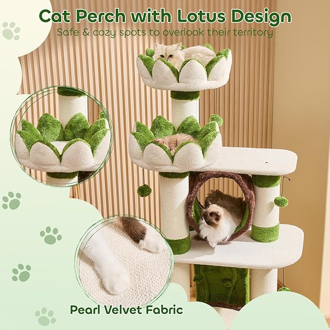 73‘’ Tall Flower Cat Tree for Indoor Cats Large Adult, Luxury Cat Tower with Scratching Post, Heavy Duty Modern Cat Furniture for Large Cats, Removable Mats, Multi-Level Cat House with Toy Ball-PurrikoPets