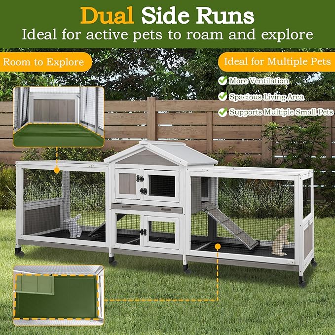 Double Rabbit Hutch Outdoor Indoor Large Bunny Cage with Dual Side Runs, 2-Story Wooden Hutch with 4 Leak Proof Trays, 8 Wheels, Waterproof Roof, Ramp, for Small to Medium Animals-PurrikoPets
