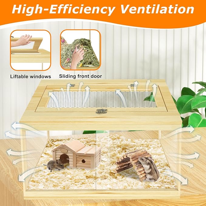 24" Hamster Cage, Lockable Sliding Door Gerbil Cage, Dwarf Hamster Cage with Metal Mesh Roof, Mice and Small Animal Habitat, Chewproof Syrian Hamster Enclosure, (Wooden, 24" L x 16" W x 16" H)-PurrikoPets