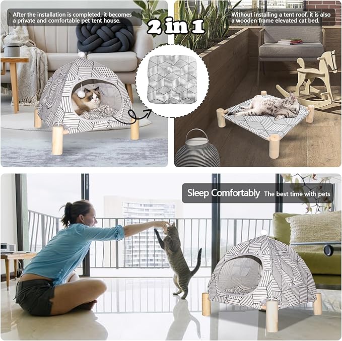 2-in-1 Elevated Cat Tent Cat House, Quick Assembly and Disassembly, Portable Indoor/Outdoor Cute Cat Bed Cave-White Diamond Pattern-PurrikoPets