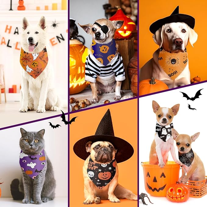100 Pieces Halloween Dog Bandanas Bulk Pumpkin Ghost Bandanas for Dogs Soft Triangle Bibs Adjustable Triangle for Small Medium Large Pets Halloween Party Costume-PurrikoPets