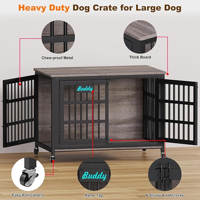 EasyCom 48"/42"/33" XXL Dog Crate Furniture with Casters, Heavy Duty Dog Kennel Indoor for Large Dogs, Escape-Proof and Chew-Proof Dog Cage for high Anxiety Dog, Decorate House as TV Stand, End Table-PurrikoPets