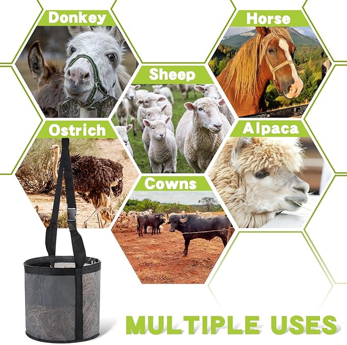 2 Pcs Horses Feed Horse Bag for Grain Hay Bags Heavy Duty Mesh Horse Feeder with Adjustable Strap Comfort Neck Pad Nose Pad and Waterproof Bottom Muzzle(Gray)-PurrikoPets