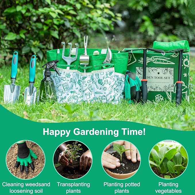 Garden Tool Set for Women, 12pcs Heavy Duty Gardening Tools, Cute Gardening Supplies Gifts for Women Mom, Garden Hand Tools with Fashion Organizer Handbag, Garden Tools for Gardening, Planting, Green-PurrikoPets