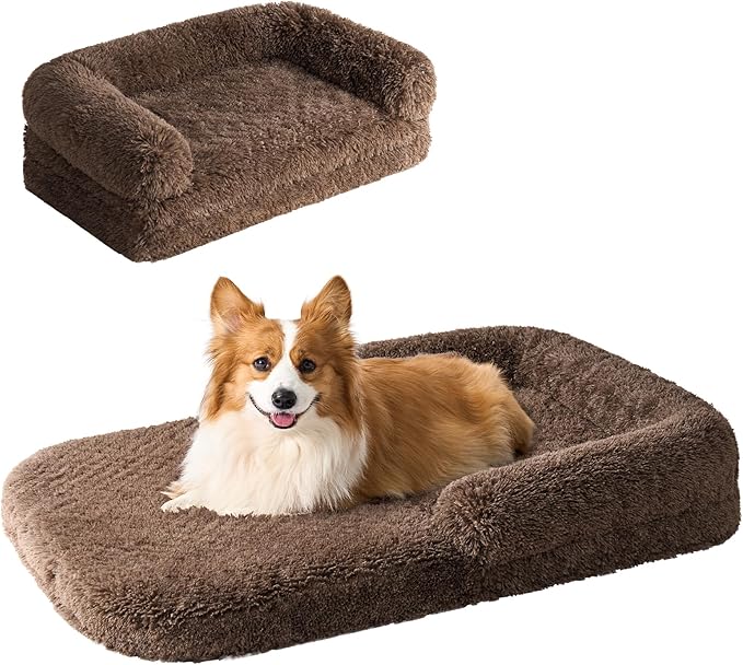 EHEYCIGA Foldable XL Dog Bed, Faux Fur Fluffy Pet Couch Bed for Large Dogs, Orthopedic Calming Memory Foam Big Pet Bed, Washable Soft Pet Sofa Bed with Non-Slip Bottom, Brown, 46"x34"x6.5"-PurrikoPets