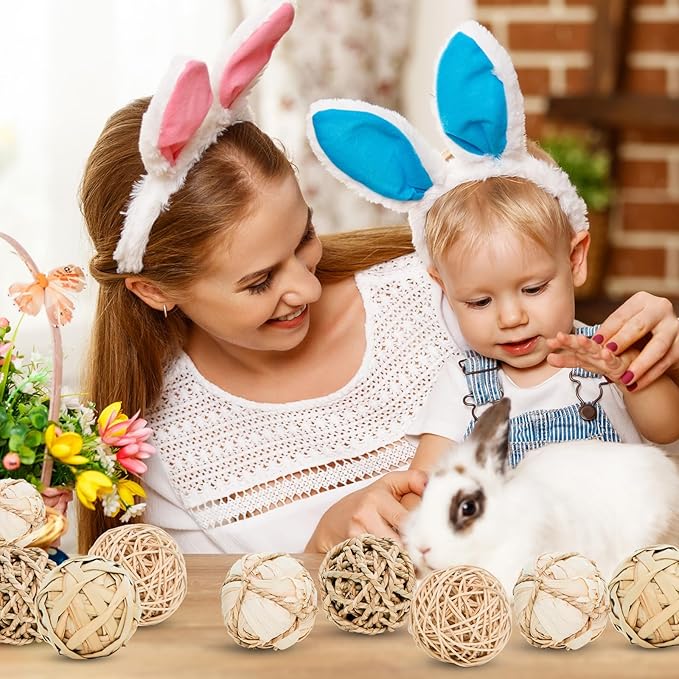 8 Pack Small Pet Chew Toys - 7cm Natural Woven Balls for Rabbits, Guinea Pigs, Hamsters (2 Seagrass, 2 Rattan, 2 Corn Husk, 2 Seaweed Rope) - Safe Dental Grinding Toys-PurrikoPets