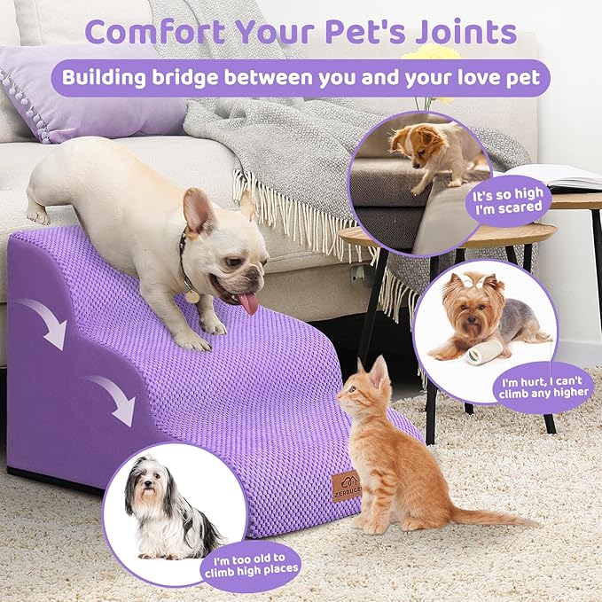 Dog Ramp and Stair for Bed 16" H-20 H,3-Step Cat Stair for Sofa and Chair,4-Step Dog Ramp for High Bed and Window,Durable Nonslip Fabric Stair for Indoor (Purple-16 H, Pet Friendly, 3)-PurrikoPets