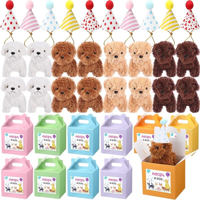 20 Pcs Mini Plush Dog Bulk 4 Inch Small Stuffed Puppy Set Include 20 Adopt a Pet Kraft Paper Boxes and 20 Cute Cone Hats Soft Dog Animals for Kids Birthday Adopt a Puppy Favor Gifts-PurrikoPets