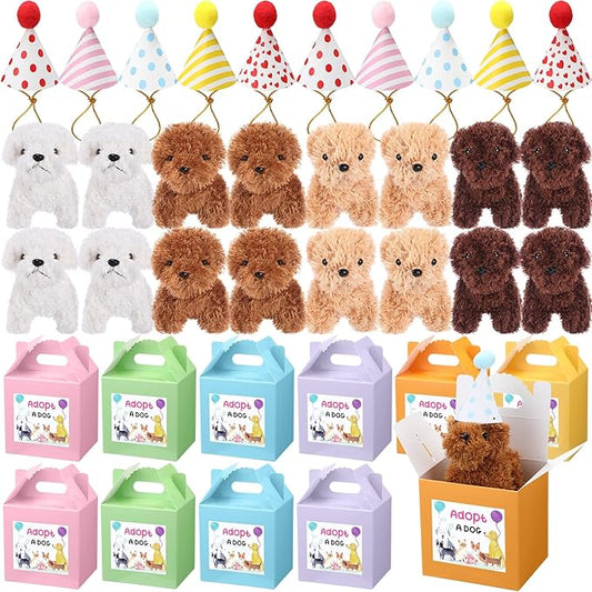 20 Pcs Mini Plush Dog Bulk 4 Inch Small Stuffed Puppy Set Include 20 Adopt a Pet Kraft Paper Boxes and 20 Cute Cone Hats Soft Dog Animals for Kids Birthday Adopt a Puppy Favor Gifts-PurrikoPets