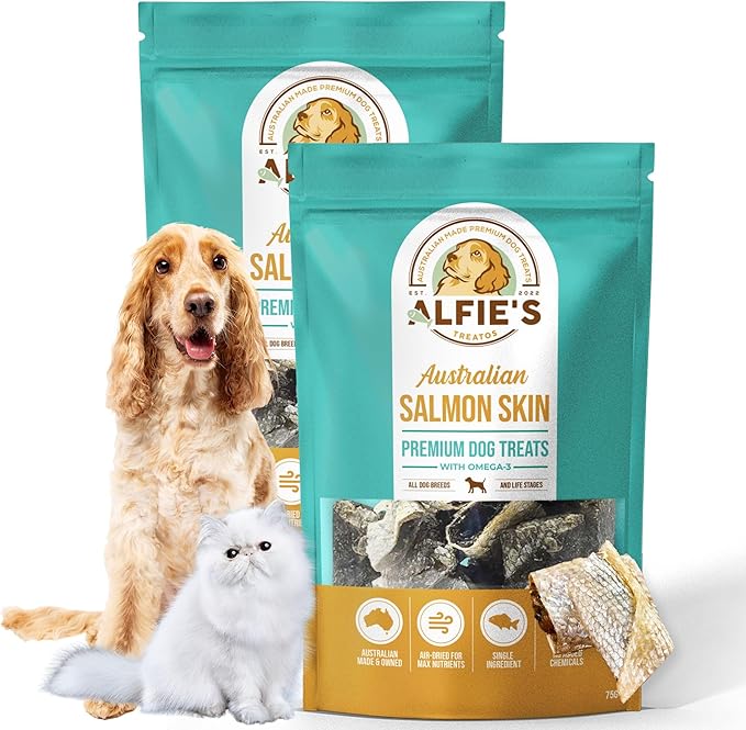 ALFIE'S TREATOS Salmon Skin Treats for Dogs & Cats (5.3 oz, 2x2.65 oz), Value Bundle, Air-Dried Fish Skin Dog Treats, Omega-3 Food Topper & Training, Single Ingredient, Freeze-Dried Alternative-PurrikoPets