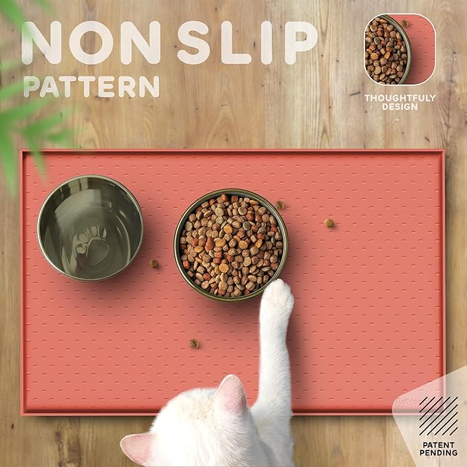 Dog Food Mat - 28x18 Raised Edges Dogs Mat for Food and Water Prevent Spill, Waterproof Cat Food Mats Protect Floors, Easy Clean Dog Bowl Mats for Food and Water, Silicone Pet Feeding Placemats-PurrikoPets