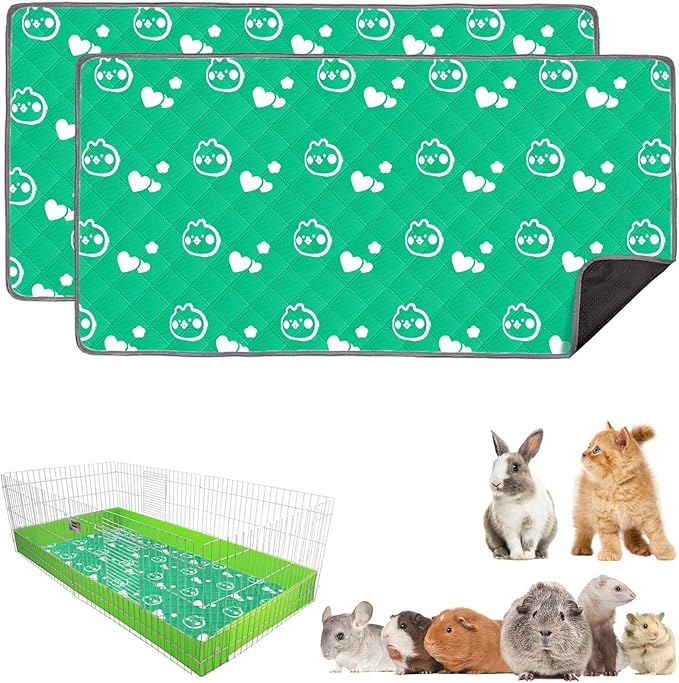 2 Pack Guinea Pig Bedding - Washable Guinea Pig Liner for Midwest Cage, Waterproof Reusable & Anti Slip Pee Pads Super Absorbent Mats for Small Animals Rabbit Hamster Rat (Green, 48 x 24 Inch)-PurrikoPets