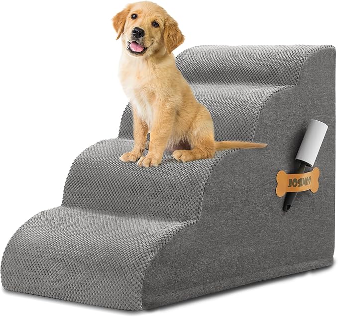 Dog Stairs, Romrol Dog Steps Ramp for High Bed and Couch, Dogs Ramp with Durable Non-Slip Waterproof Fabric Cover, Pet Stairs for Small Dogs and Cats or Pets Joints, 4-Tiers,Grey-PurrikoPets