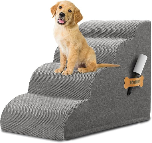 Dog Stairs, Romrol Dog Steps Ramp for High Bed and Couch, Dogs Ramp with Durable Non-Slip Waterproof Fabric Cover, Pet Stairs for Small Dogs and Cats or Pets Joints, 4-Tiers,Grey-PurrikoPets