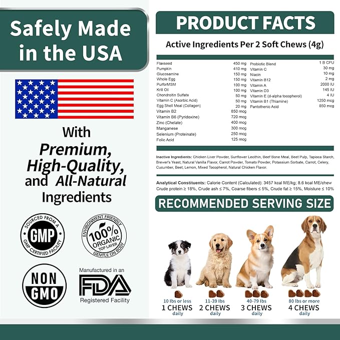 Dog Multivitamin, Glucosamine Chondroitin for Dogs, Dog Vitamins and Supplements, Probiotics, Krill Oil for Hip & Joints, Skin, Coat, Immune Health, Heart, Digestion (120 Chews, Chicken)-PurrikoPets