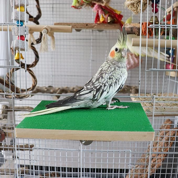 7.9×5.9 Inches Large Bird Perch Stand Platform, Natural Wooden Bird Cage Accessories, Bird Stand Perch with Rough Quartz Sand Surface for Parrot, Parakeet, Budgies, Cockatiel, Rats-PurrikoPets