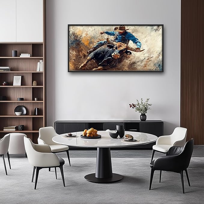 Framed Large Western Cowboy Wall Art, Oversized Rustic Cow Wall Decor for Living Room, Dusty Canvas Painting Pictures Vintage Artwork Home Decoration for Living Room Bedroom Office 60"x30"-PurrikoPets