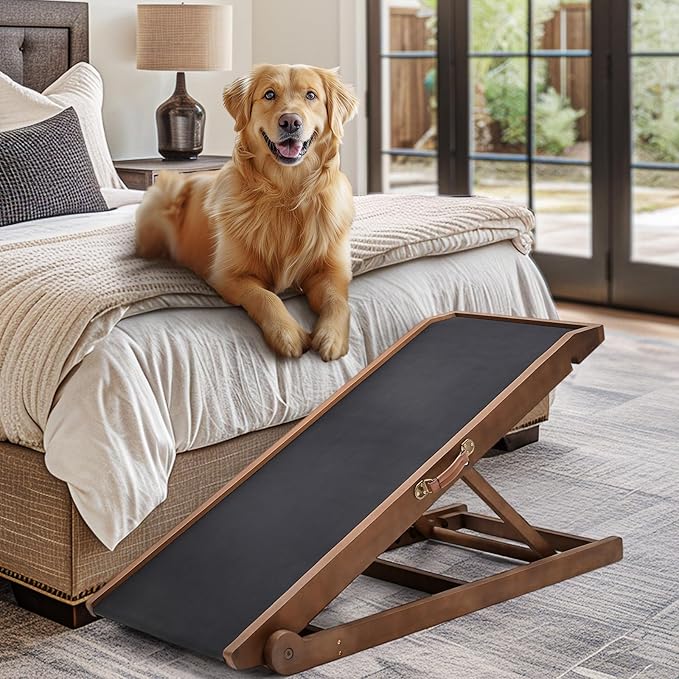 Dog Ramp, Adjustable Height Wooden Folding Pet Ramp for Bed, Couch,SUV-High Traction, Portable Paw Ramps for Small & Large Old Dogs & Cats - Furniture Quality-PurrikoPets