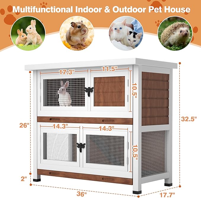 2 Story Rabbit Hutch, Indoor Outdoor Bunny Hutch Solid Wood Rabbit Cage with Removable Trays, Waterproof Asphalt Roofs and Ventilation Door, Small Animal House for Rabbit Guinea Pig Ferret, Walnut-PurrikoPets