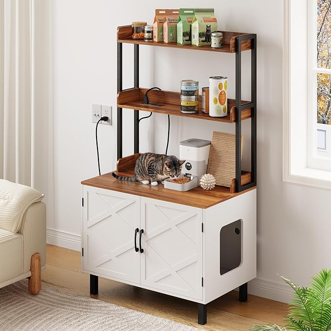 55 Inches Cat Litter Box Enclosure, Hidden Litter Box Furniture with 2 Storage Shelves and Charging Sockets, Wooden Cat House, Large Indoor Cabinet for Living Room & Entryway, White-PurrikoPets