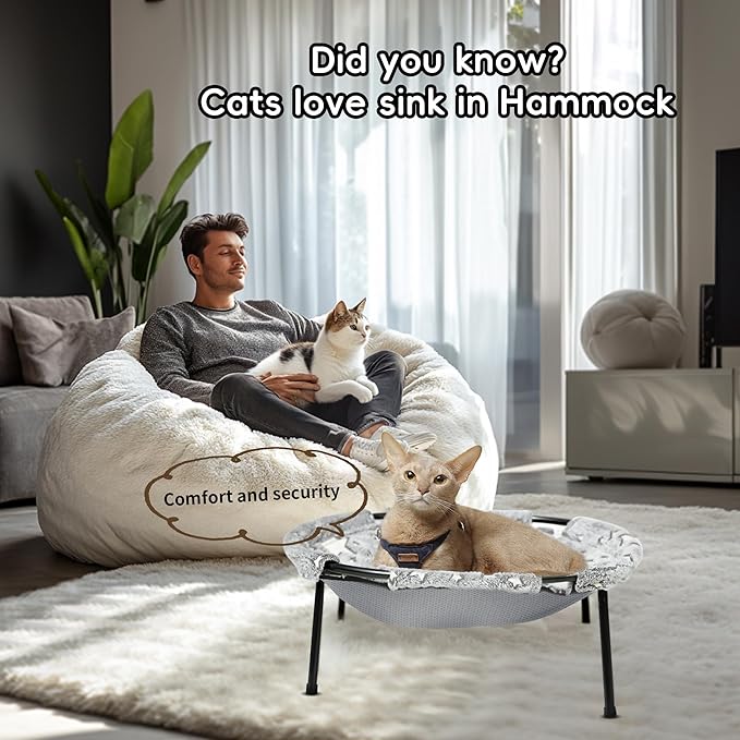 Elevated Cat Bed, Glow-in-The-Dark Fabric Cat Hammock Bed for Large Indoor Cats, Machine Washable & Breathable Cover, Tool Free Easy Assembly, up to 66Lbs (Gray, L)-PurrikoPets