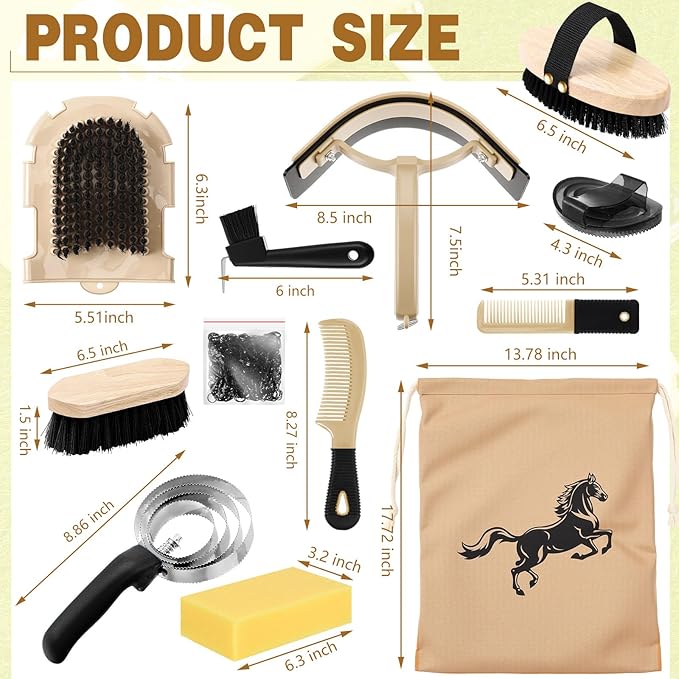 Abbylike 12 Pieces Horse Grooming Kit Racing Festival Tack Room Supplies Horse Brush Sets Equine Care Cleaning Kit Shedding Grooming Massaging Tools(Black)-PurrikoPets