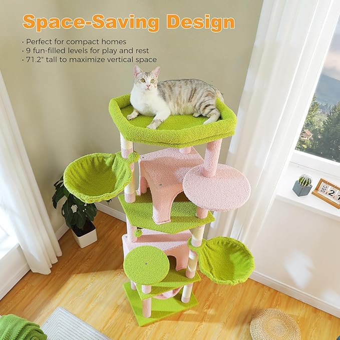 71.2" Large Cat Tree for Multi-Cat Households - Heavy-Duty 9-Level Cat Tower w/5 Sisal Scratching Posts, 2 Condos, 3 Hammocks, Extra-Large Perch & Pompoms - Space-Saving, Pink-PurrikoPets