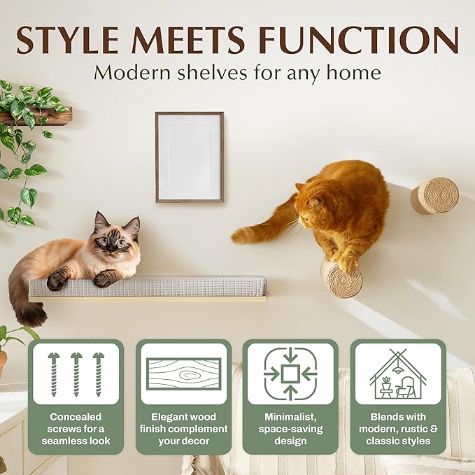 Extra Large 23.6”x12.6” CALLICO HAVEN- Stylish Cat Wall Shelves with Cushion, Modern Wall-Mounted Cat Tree Furniture, Window Cat Shelf & Perch, Sturdy/Hidden Mounts, Washable Cover - Flat Shape-PurrikoPets
