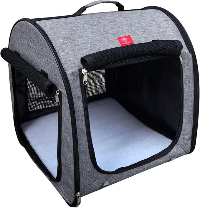 Fabric Portable Pet Kennel/Shelter, Single, Gray, 20"x20"x19.5" - Car Seat-Belt Fixture Included-PurrikoPets