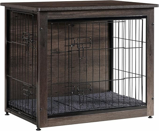 DWANTON Dog Crate Furniture with Cushion, Wooden Kennel Table with Double Doors, Indoor Dog House, Small/Medium/Large/Extra Large Size, 27.2" L, Dark Gray-PurrikoPets