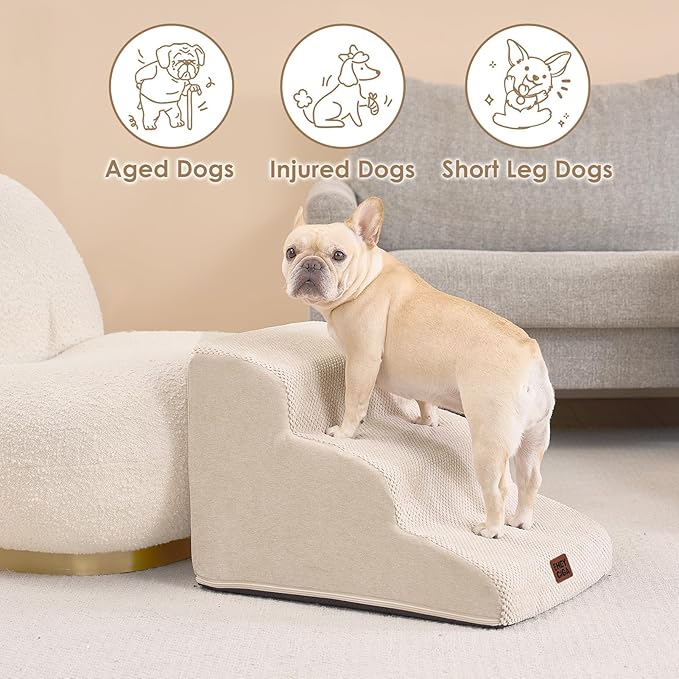 EHEYCIGA Curved Dog Stairs Ramp for Small Dogs 15.7" H, 3-Step Dog Steps for Couch Sofa and Chair, Pet Stairs for Cats, Non-Slip Balanced Pet Steps Indoor, Beige-PurrikoPets