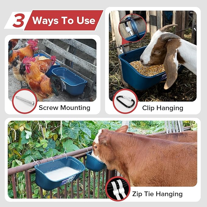 Goovilla Large Feed Trough, Hanging or Screw-in Fence Feeder with Clips, 2 Pack 9 Quart Goat Feeder Supplies, Dog Horse Hog Pig Livestock Poultry Plastic Feeder Trough Bucket for Large Animal, Blue-PurrikoPets