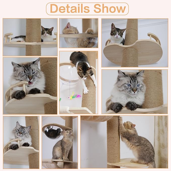 Floor to Ceiling Cat Tree Height (50-120 in) Adjustable Cat Tower 5 Tier Hemp Scratching Post High Cat Tree Sturdy Activity Tree Indoor Outdoor Cat Scratching Post Activity Center-PurrikoPets