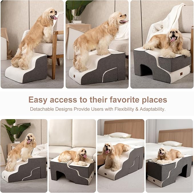 Dog Stairs for High Beds with Tunnel, 4-Step Dog Steps for Small Dogs and Cats, Foldable Pet Stairs for High Bed Climbing, Non-Slip Balanced Pet Step Indoor, Beige-PurrikoPets