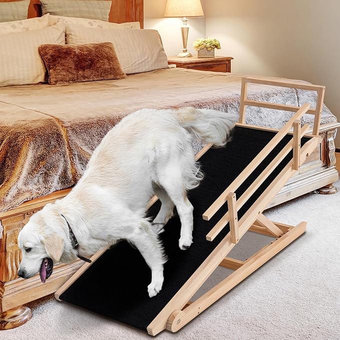 Dog Ramp for Bed, Adjustable Pet Ramps for Dog to Get on Bed, Non-Slip Rubber Surface - Folding Wooden Dog Ramp for Small/Large/Old Dogs, Adjustable up to 27.5 inch High Beds, Safety Railings-PurrikoPets