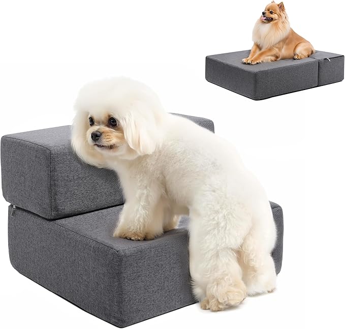 Foldable 18 Inch Wide Dog Stairs for Small Dogs, 12 Inch Height Foam Dog Steps for Bed & Couch, Linen Covered Pet Stairs for Dogs to Get on Bed, Indoor Foam Pet 2 Steps for for Cat and Puppy-PurrikoPets