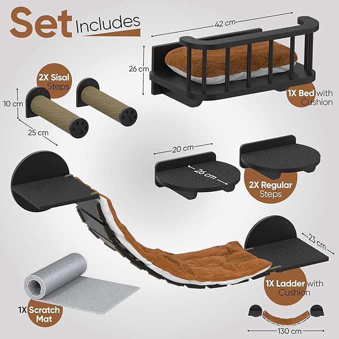 FURRY VIBES Cat Wall Shelves & Perches – 7-in-1 Cat Wall Furniture Set with Bed, Climbing Steps, Scratcher & Bridge Ladder – Black Bamboo Wall Cat Shelf for Indoor Cats-PurrikoPets