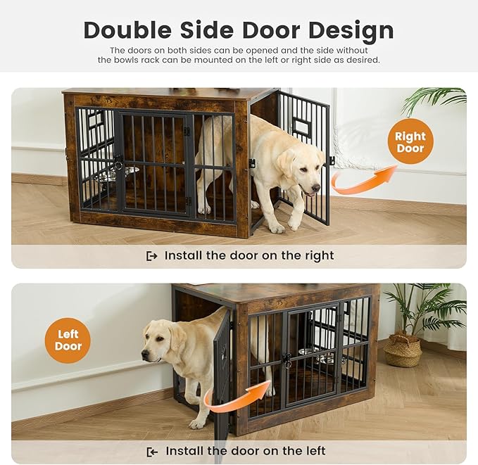 Gardner Pet Dog Crate Furniture for Medium Dogs, 32.7 Inch Dog Kennel Indoor, Wooden Dog Cage End Table with 2 Removable Bowls, Heavy Duty Dog Crate, Rustic Brown-PurrikoPets