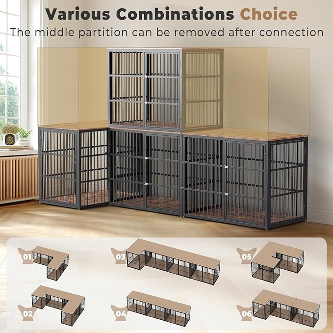 48'' XXL Dog Crate Furniture with 3 Doors,Wooden Crate End Table Heavy Duty Indoor Combination Cage for Medium to Large Dogs, Multiple Units Can be Combined-PurrikoPets