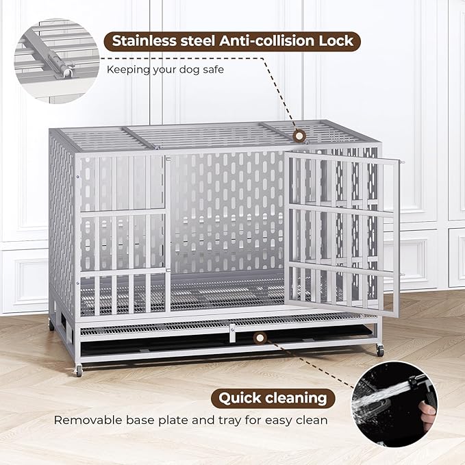 48 Inch Heavy Duty Indestructible Dog Crate Steel Escape Proof, Indoor Double Door High Anxiety Cage, Kennel with Wheels, Removable Tray,Silver,Extra Large XL XXL-PurrikoPets